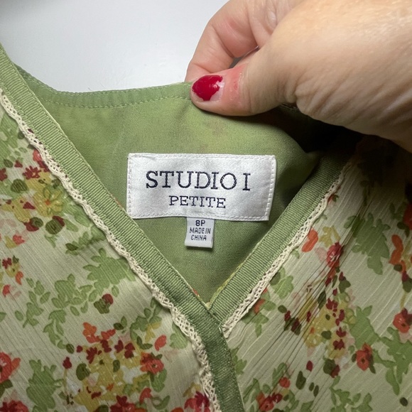 👗VTG Cottagecore Y2K Chiffon Fit & Flare Dress Green Floral Print Siz 8 Petite - Picture 4 of 8